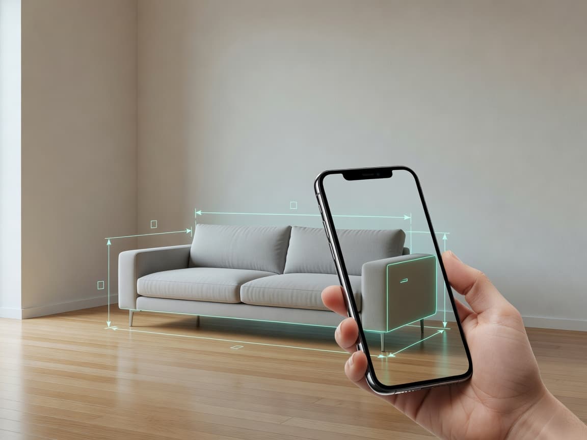 AR furniture placement app previewing a sofa in a real room
