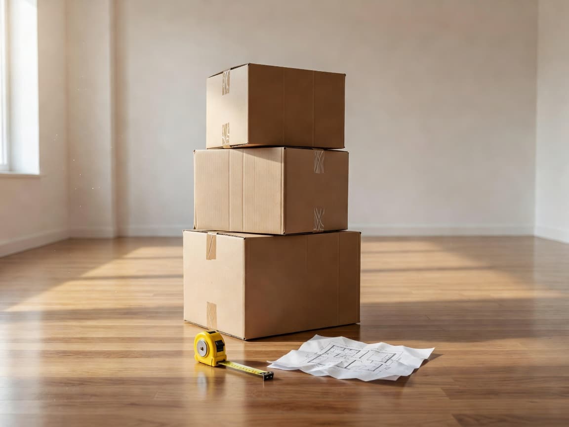 Moving planner with boxes and a floor plan ready for a new home