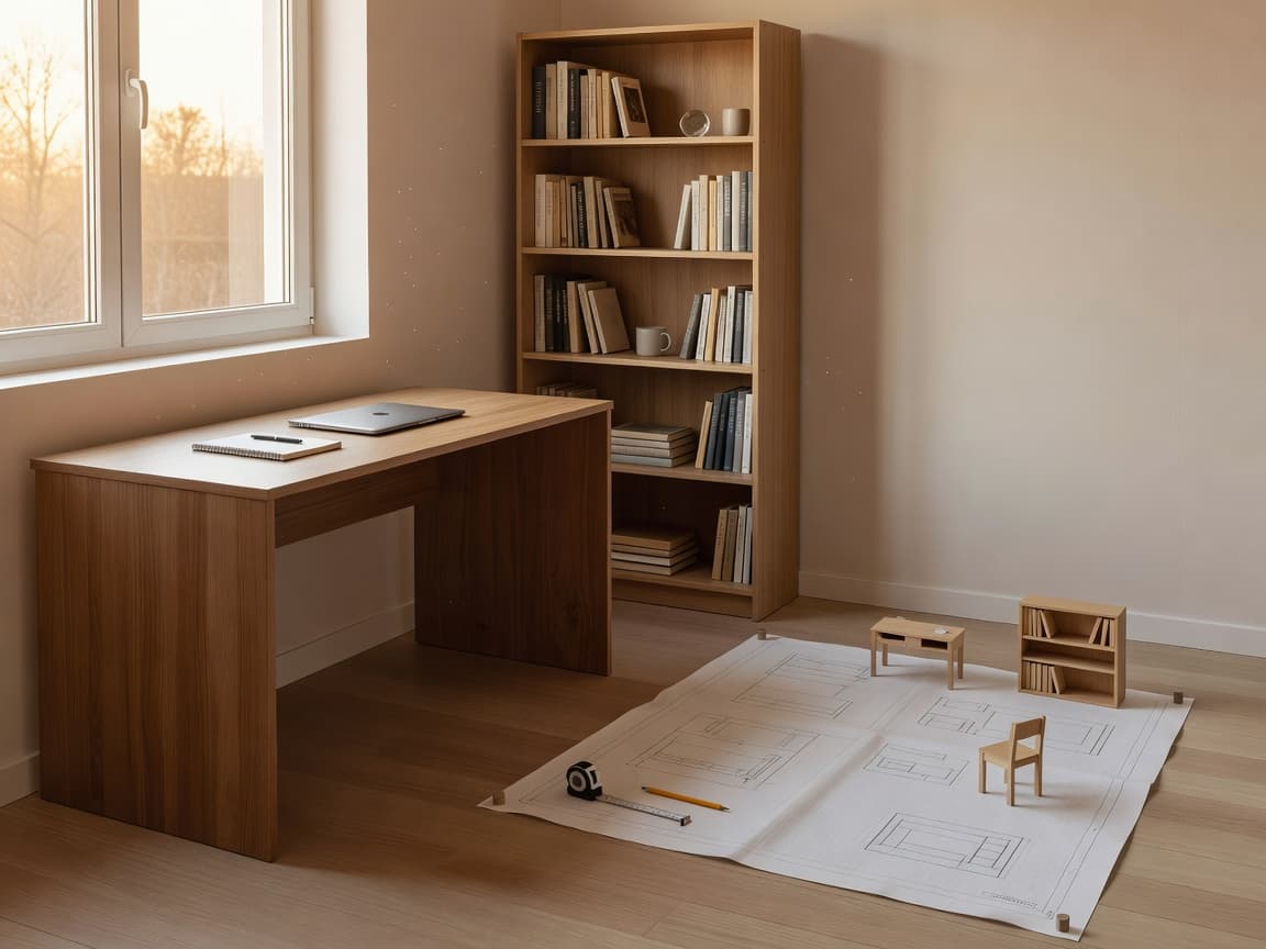 Home office furniture planner with desk placement by a window